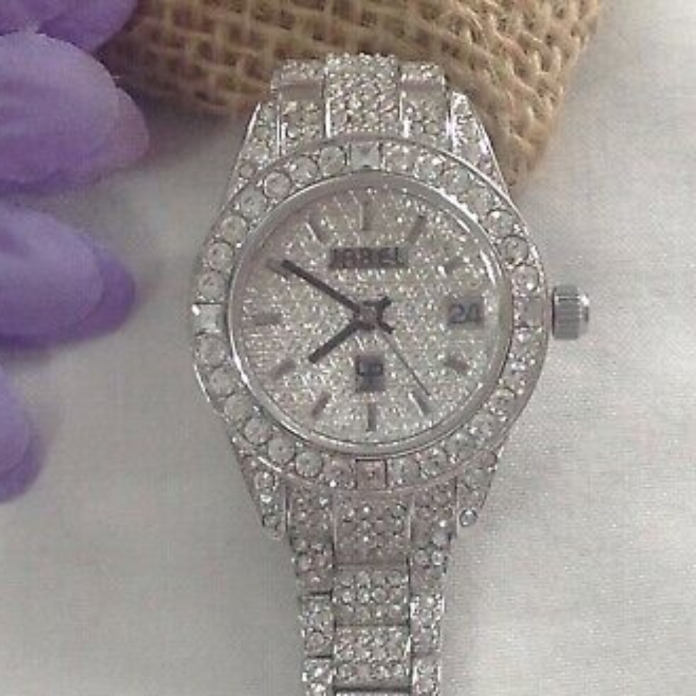JAREL Lucien Piccard Women’s Silver & Rhinestone Bling Watch with Date Crystals
